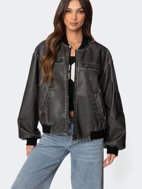 Edikted Women's Black Faux Leather Bomber Jacket